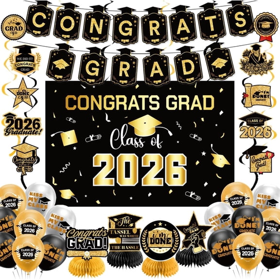 Graduation Decorations 2026 Gold Set - Grad Decor with Congrats Banner,Class of Backdrop,Balloons,Honeycomb & Streamers Kit Party Supplies for High School College Celebrations