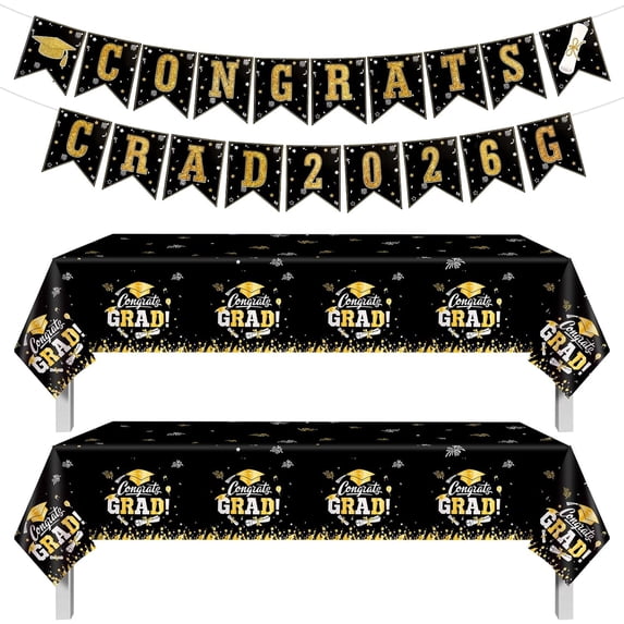 Graduation Decorations 2026 Gold Themed Set - Congrats GRAD 2026 Banner, Congrats GRAD Tablecloths - Complete Party Supplies for High School & College Celebrations