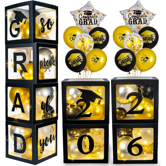 Graduation Decorations 2026-Graduation Party Decorations,Graduation Balloons Boxes(4PCS) with LED Light Strings & Letters 2026 GRAD So Proud of You,Party Favors For Any Grades Class.