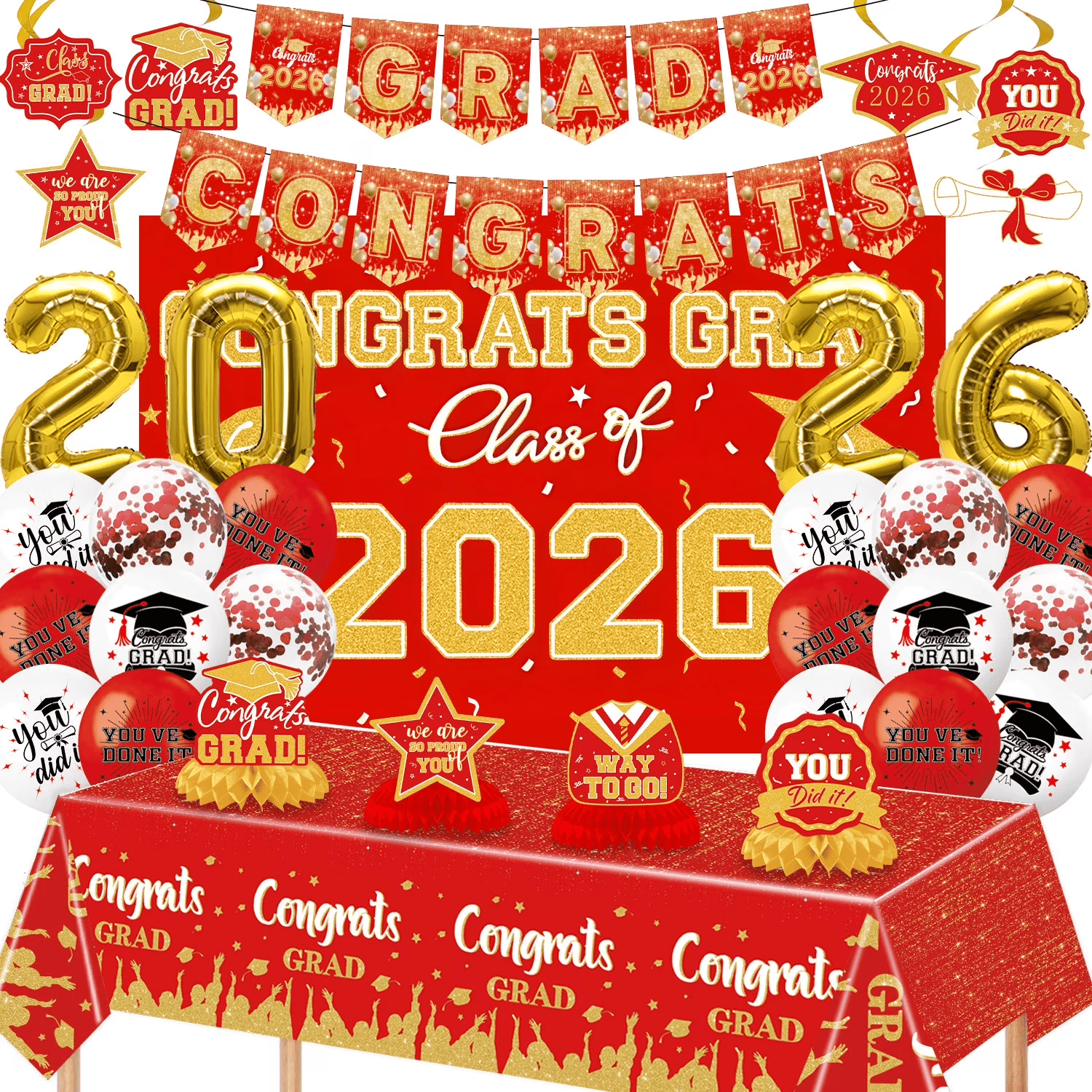 Graduation Decorations 2026, Graduation Party Supplies, Red and Gold Balloons, Gold Confetti Balloons, Congrats Grad 2026 Banner, 14 Pc Kit, Graduation Cap Decorations, Graduation