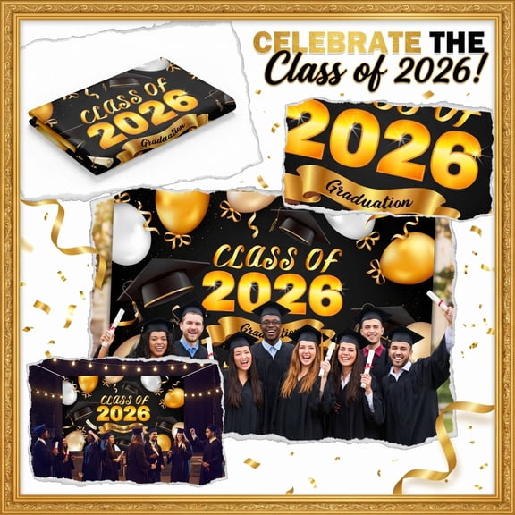 Graduation Decorations 2026, Large Congrats Grad Banner, Congratulations Banner, Black and Gold Grad Backdrop Class of 2026, Graduation Party Decorations 2026