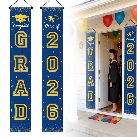 Graduation Decorations 2026 Porch Banner, Congrats Grad Class of 2026 Banner Blue&Gold, 2026 Graduation Decorations for Door and Porch Class of 2026 Party Supplies