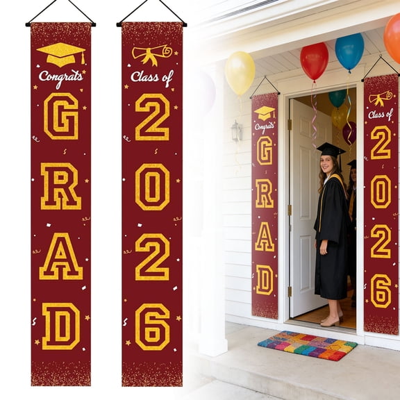 Graduation Decorations 2026 Porch Banner, Congrats Grad Class of 2026 Banner Red&Gold, 2026 Graduation Decorations for Door and Porch Class of 2026 Party Supplies