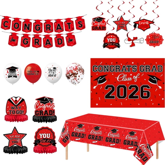 Graduation Decorations 2026 - Red Congrats Grad Banner Backdrop Tablecloth Set - Graduation Decorations Class of 2026 | Graduation Party Favors Supplies