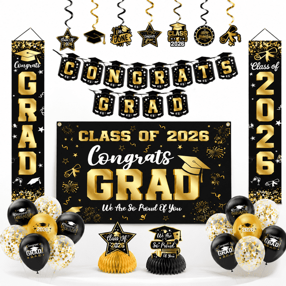 Grad Back Decor Graduation Decorations 2026 Set Black Congrats Grad Decor With ...