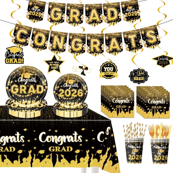 Graduation Decorations 2026 Set Black Gold, Congrats Grad Decor Set with Banner Backdrop Porch Sign,Centerpieces for Grad Party Decorations(Gold)