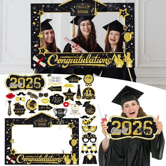 Graduation Decorations 2026 Set, Graduation Photo Props Set, Inclued 27.6x19.7 Inch Photo Booth Frame and Handheld Signs for Graduation Party Supplies Class of 2026 Black and Glitter Gold