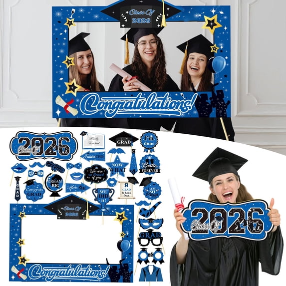 Graduation Decorations 2026 Set, Graduation Photo Props Set, Inclued 27.6x19.7 Inch Photo Booth Frame and Handheld Signs for Graduation Party Supplies Class of 2026 Blue