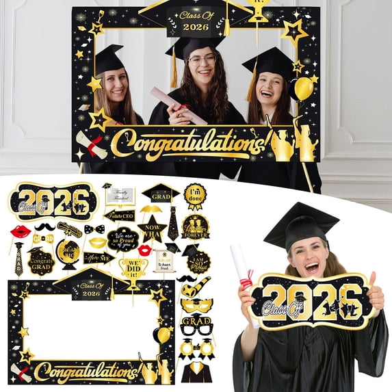 Graduation Decorations 2026 Set, Graduation Photo Props Set, Inclued 27.6x19.7 Inch Photo Booth Frame and Handheld Signs for Graduation Party Supplies Class of 2026 Black and Gold