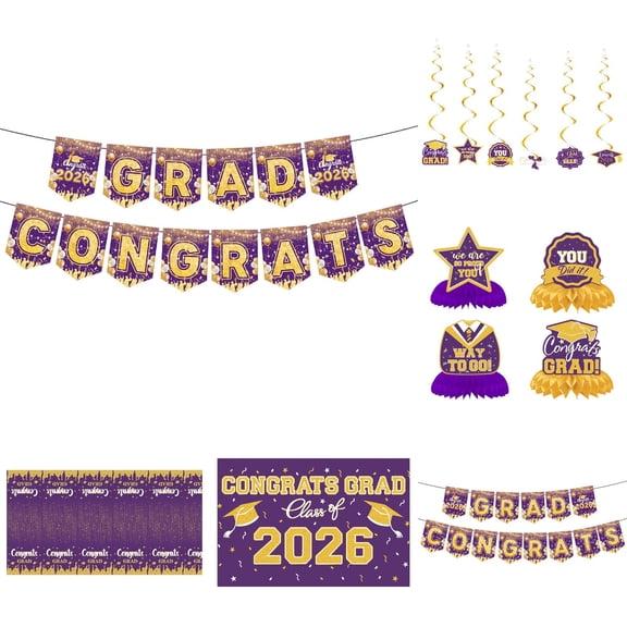 Graduation Decorations 2026 Set Purple Gold,Congrats Grad Decor Set With Banner Backdrop Porch Sign,Hanging Swirls Honeycomb Centerpieces Balloons For Grad Party Decorations,Class Of 2026 Decorations