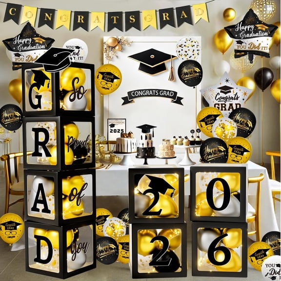 Graduation Decorations Class of 2026 - Black and Gold Graduation Decorations - Balloons Boxes with Letters 2026 GRAD So Proud of You, Congrats Grad Party Decorations for Any Grades