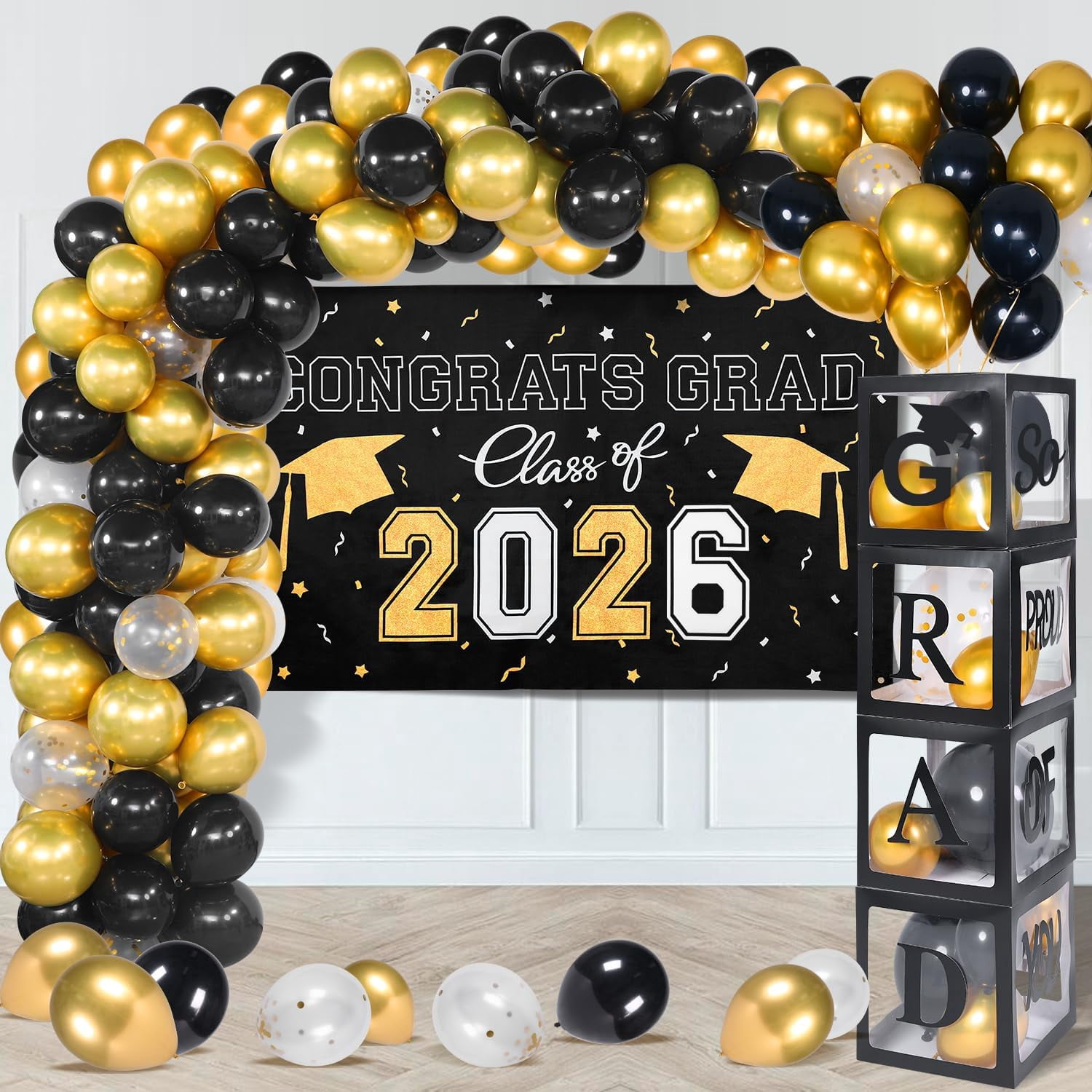 Graduation Decorations Class of 2026 ,Black and Gold Party include 4 Pcs Balloons Boxes with Letters, 110 Balloon Arch Kit Banner backdrop for Favors Decor