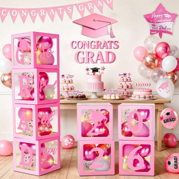 KUNPENG Class of 2026 Graduation Decorations Transparent Balloon Boxes with "GRAD" & "2026" Gold Glitter Stickers, Backdrop Kit for Senior Prom, Commencement & Party Decor, Royal Blue & Gold Theme