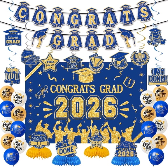 Graduation Decorations Class of 2026, Blue and Gold Grad Decorations Set, include Congrats Grad 2026 Backdrop Banner, Hanging Swirl Balloons and Honeycomb Supplies Graduation Party Supplies