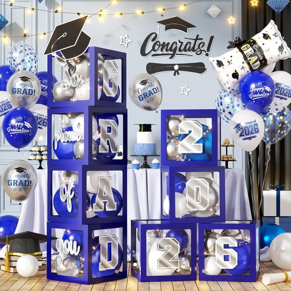 Graduation Decorations Class of 2026-Blue and Silver Party Decorations-Balloons Boxes with Letters 2026 GRAD So Proud You & Grad Printed Balloons Foil Balloon for Any Grades