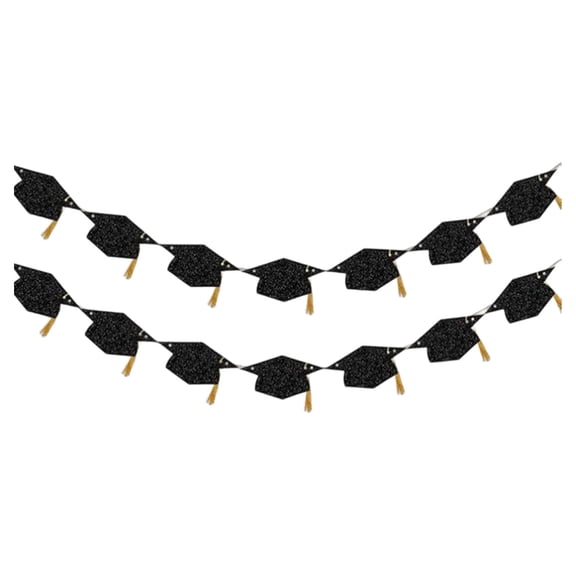 Graduation Decorations Class of 2026 Glitter Pre Strung Congrats Grad with Tassel Congratulations Banner Decor College High office Graduation, Sparkly Black Gold Cap Pennant , 2 Strings of Flags