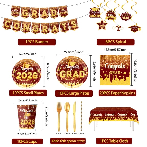Graduation Decorations Class of 2026 Gold Themed Backdrop Banner, Supplies for Graduation Party(Banner, Spiral, Plate, Paper Napkins, Cups, Knife, Fork, Spoon, Straw, Table Cloth)