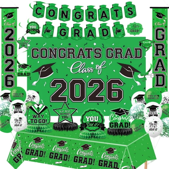 Graduation Decorations Class Of 2026 Green Theme Set, With Banners, Balloons, Tablecloth, Honeycomb Centerpieces, Hanging Ornaments, Colorful Flags, Background Cloth, Couplets,