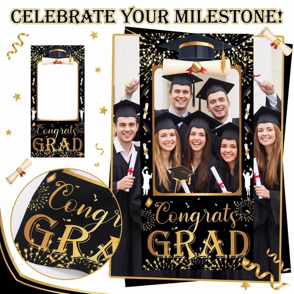 Graduation Decorations Class of 2026 Happy Grad Door Banner Black Gold Grad Party Decorations Congrats Grad Photo Booth Backdrop Frame Graduation Party Supplies for High School College Graduation