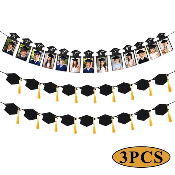 Graduation Decorations Class of 2026 Party Supplies with K-12th Grade Graduation Photo Banner Decor College High School Graduation Party Favors Black,3 Pcs