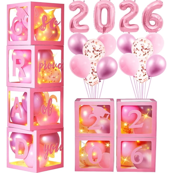 Graduation Decorations Class of 2026 Pink  Balloons Box (4PCS) with Letters & Balloons, 2026 Balloons, LED String Light, Graduation Party Decorations