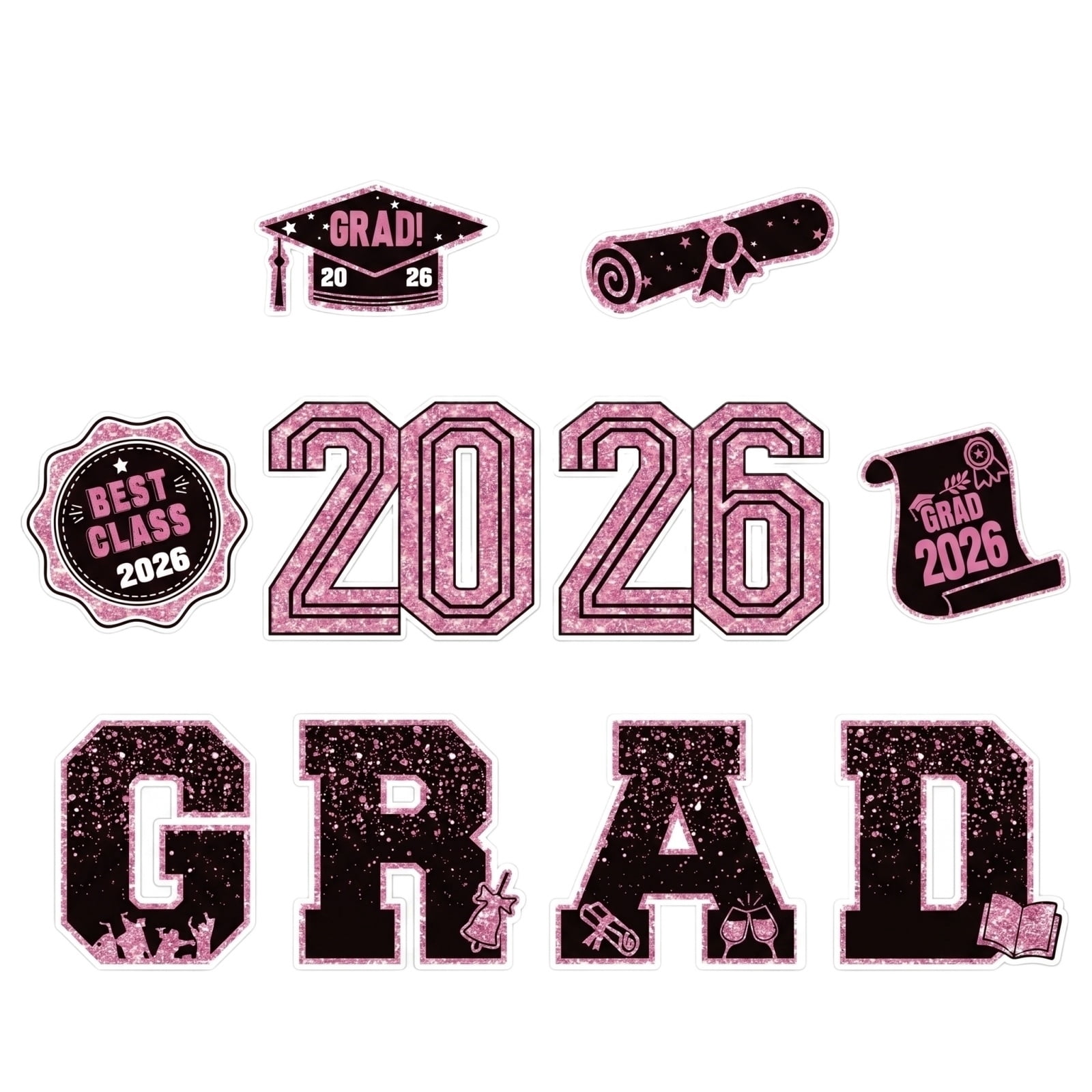 Graduation Decorations Class of 2026, Pink Glitter Decor, 2026 Big Numerals, Grad Cap Decor, Yard Sign, Scroll, Badge, Outdoor Graduation Celebration, 10 Set, Pink Accent Pieces