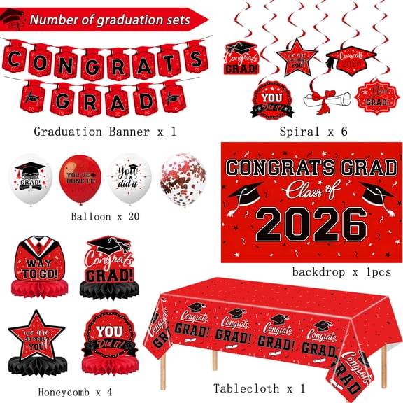 Graduation Decorations Class of 2026 - Red Graduation Party Decorations Set with Banner Backdrop Balloons Tablecloth Hanging Swirls Cake Toppers Party Supplies