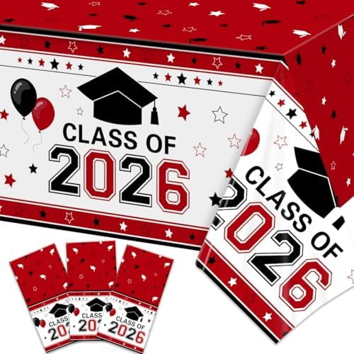 Graduation Decorations Class of 2026 Red Graduation Tablecloth Plastic Disposable Class of 2026 Table Cover for 2026 Graduations Party Supplies, 3 Pieces 54x 108 Inch
