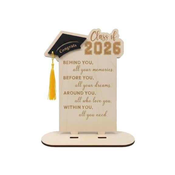 Graduation Decorations Class of 2026 Wooden Sign with Stand, Inspirational Graduation Gift Desk Decor Plaque, Congrats Grad Cap Quote Keepsake for Home Office Table Shelf Display