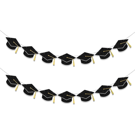 Graduation Decorations Class Party Supplies - Graduation Grad Caps Banner (Pre-Strung)