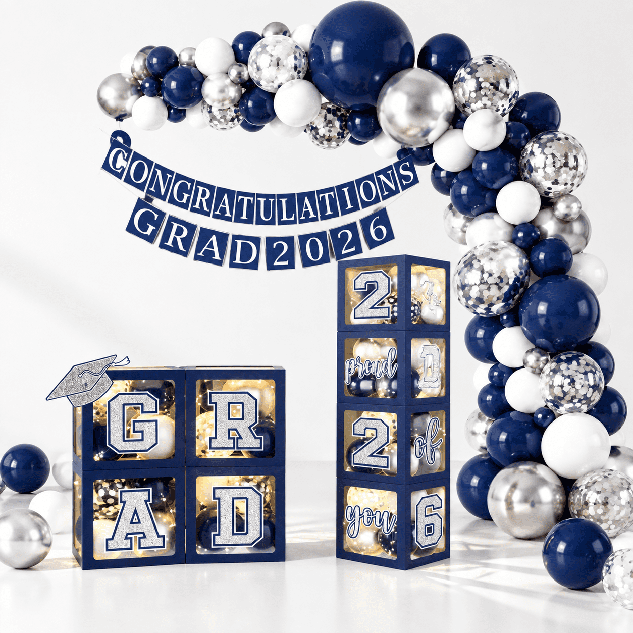 Graduation Decorations Clof 2026 Navy Blue And 2026 Boxes Balloon Arch ...
