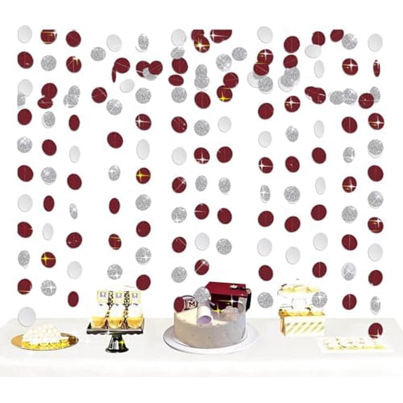 Graduation Decorations Maroon 2026/Maroon White Graduation Party Decorations Maroon Silver White Circle Paper Garlands, 2-Pack, Burgundy Birthday Decor