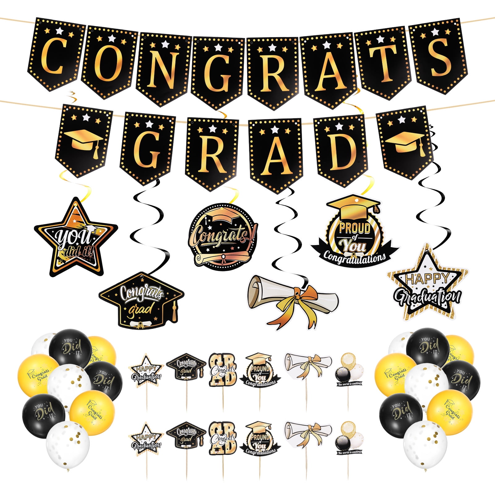 Graduation Decorations Set, Black & Gold Class of 2024 Backdrop Banner ...