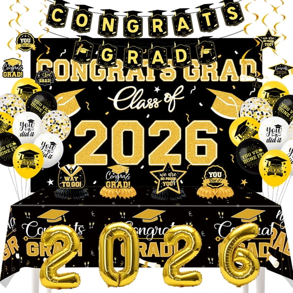 2026 Graduation Decorations Black and Gold, Class of 2026 Graduation Balloons and Party Decor Set for High School College Grad Party Supplies
