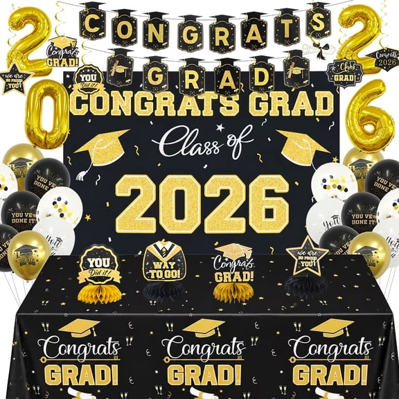 2026 Graduation Decorations Black and Gold, Class of 2026 Graduation Balloons and Party Decor Set for High School College Grad Party Supplies (Style 2)
