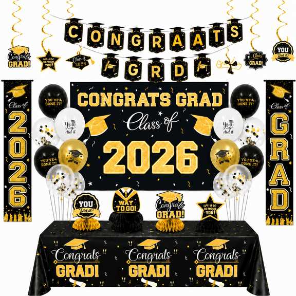 2026 Graduation Decorations, Black and Gold Graduation Party Decorations Set with Balloons, Backdrop, Banner and Table Decor, Class of 2026 Grad Party Supplies