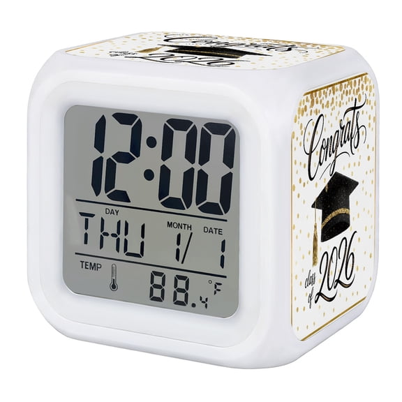 Graduation Digital Alarm Clock for Bedrooms, Smart LED Alarm Clock with 7 Color Changing Night Light, Golden Abstract Polka Dot Graduation Cap Silent Wake Up Clocks for Sleep Study Cooking 3.2"x3.2"