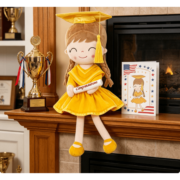 Graduation Doll Class of 2026, Elegant Plush Scholar Doll with Cap & Gown - Yellow