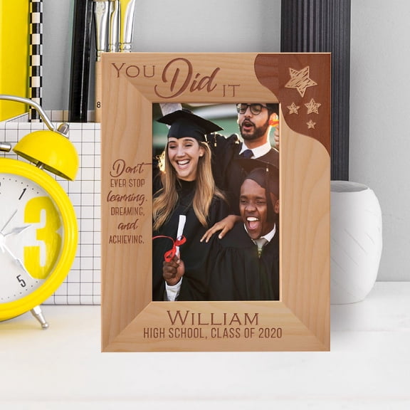Graduation Don't Ever Stop Learning Dreaming And Achieving Personalized Wooden Frame 4" x 6" Brown (Vertical)