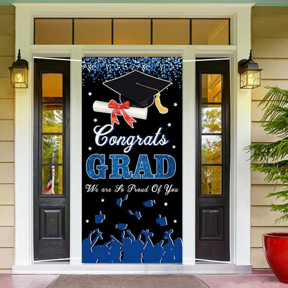 SMKE 71 x 35 Inch Congrats Grad Class of 2025 Sign Banner Door Cover, Graduation Party Decorations, Large Front Door Porch Sign Backdrop for Wall Indoor Outdoor Photo Booth Props Party Supplies Blue