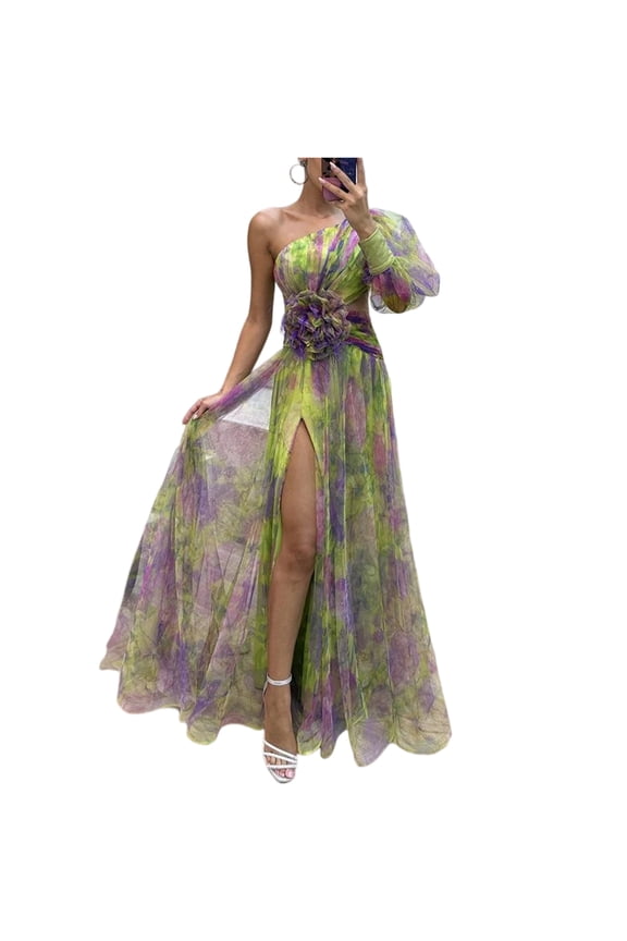 Graduation Dress, Casual One Shoulder Mesh Floral Tunic Slit Cocktail Wedding Guest Maxi Dress Elegant Beach Party Vacation Sundress Bags For Gowns Dresses Gothic Sundresses (L, Green) ZMTing