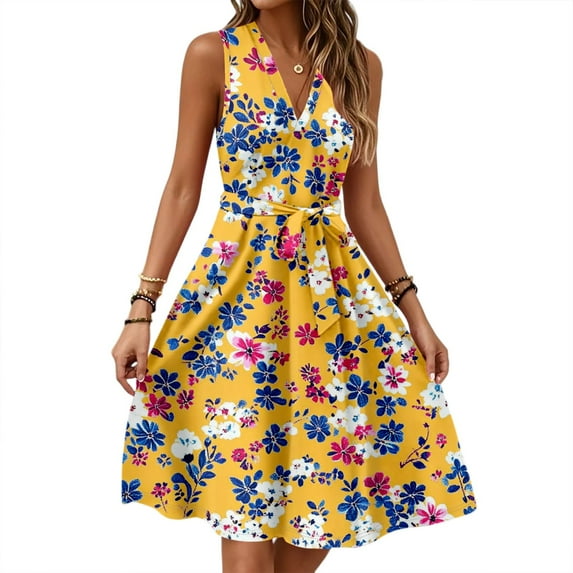 Graduation Dress, Casual V Neck Sleeveless Floral Tunic Tank Midi Dress Cocktail Beach Vacation Shimmer Dress For Women Black Dress Hippie Clothes Formal Dresses (XXL, Saffron) ZMTing