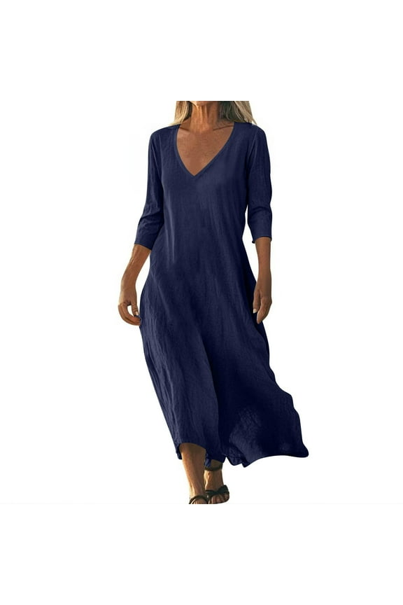 Graduation Dress, Linen Beach Casual Loose Fit V Neck 3/4 Sleeve Maxi Sundress Lightweight Wedding Guest Vacation Dress Mother Of Bride Dress Floral Gothic Dresses Romper (M, Navy) ZMTing