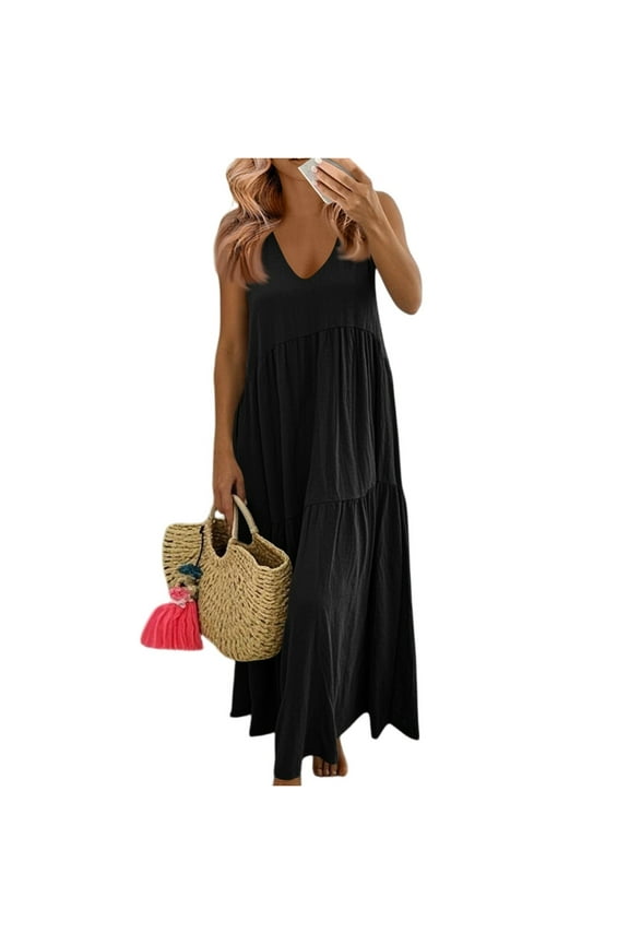 Graduation Dress, Linen Casual V Neck Sleeveless Maxi Tank Sundress Plus Size Loose Swing Beach Wedding Guest Dress Nye For Women Mini Dress Tropical Formal Sundresses Casual (5XL, Black) ZMTing