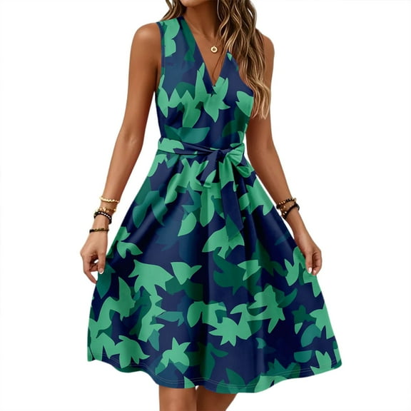 Graduation Dress, Smocked Floral Casual V Neck Sleeveless Tunic Tank Dress Cocktail Beach Vacation Beige Dress Flowy For Women Work Dresses Formal 2025 Club Dresses (M, Navy) ZMTing