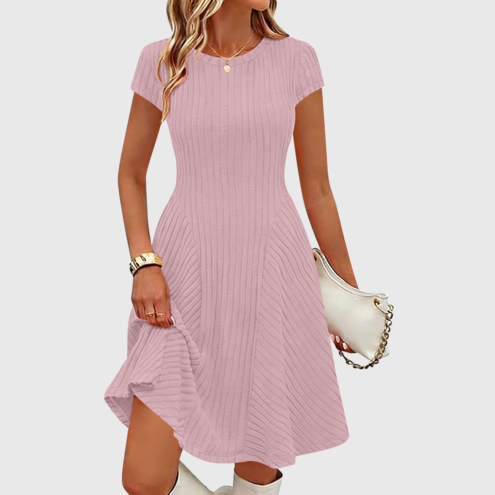 Tranfeal Graduation Dress Summer Short Sleeve Solid Color Round Neck Ribbed Knit Slimming Fit Women's Dresses Daily Casual Wear Fashionable