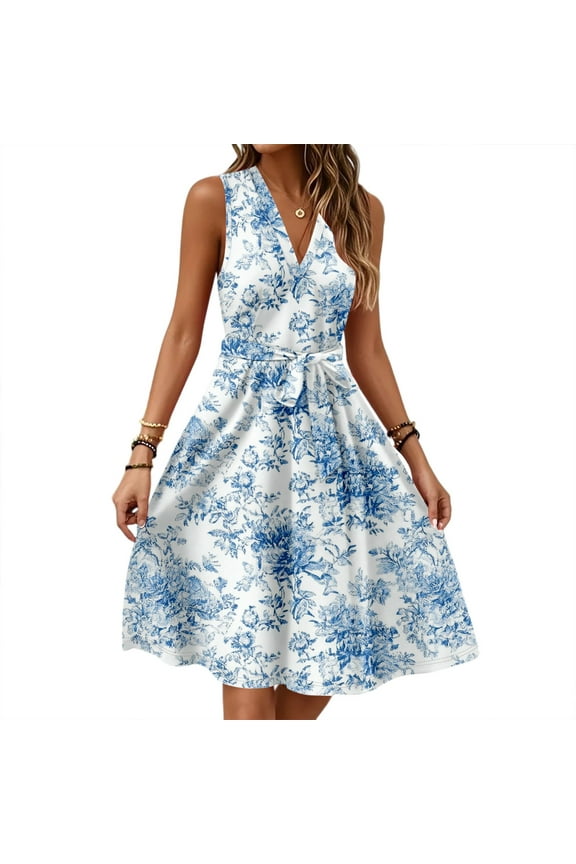 Graduation Dresses, Casual V Neck Sleeveless Floral Tunic Tank Midi Dress Cocktail Beach Vacation Aline Dresses For Women 2025 Pink Dress Luau Outfits Summer Dresses Casual (L, Light Blue) ZMTing