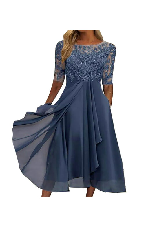 Graduation Dresses For Women 2023 Wedding Guest, Women Sexy Solid Half Sleeve Round Neck Lace Chiffon Mesh Waist Party Dresses Navy S