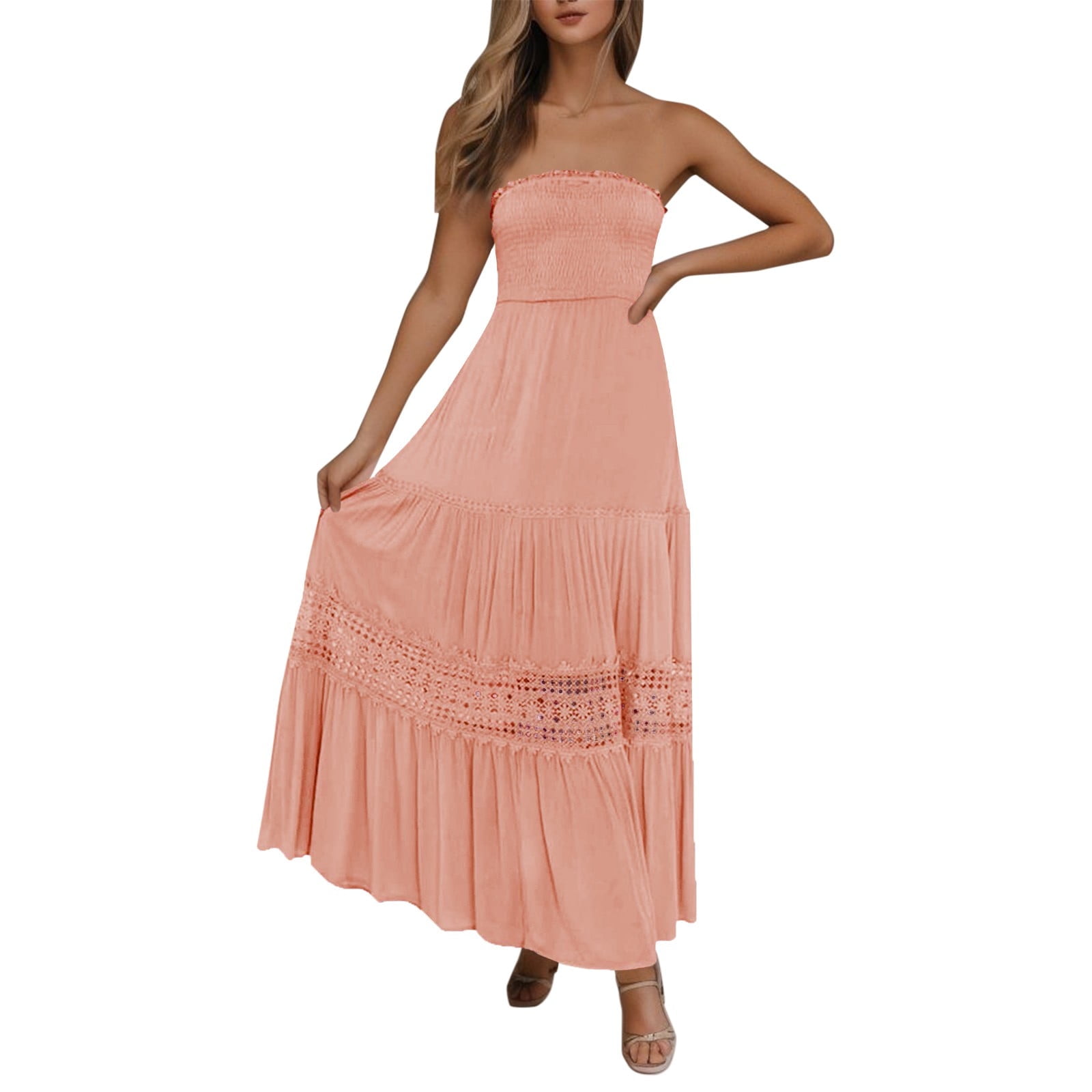 Graduation Dresses For Women 2024 Elegant Bohemian Strapless Off Shoulder  Lace Trim Backless Flowy A Line Beach Long Maxi Dress Boho Dresses -  Walmart.com