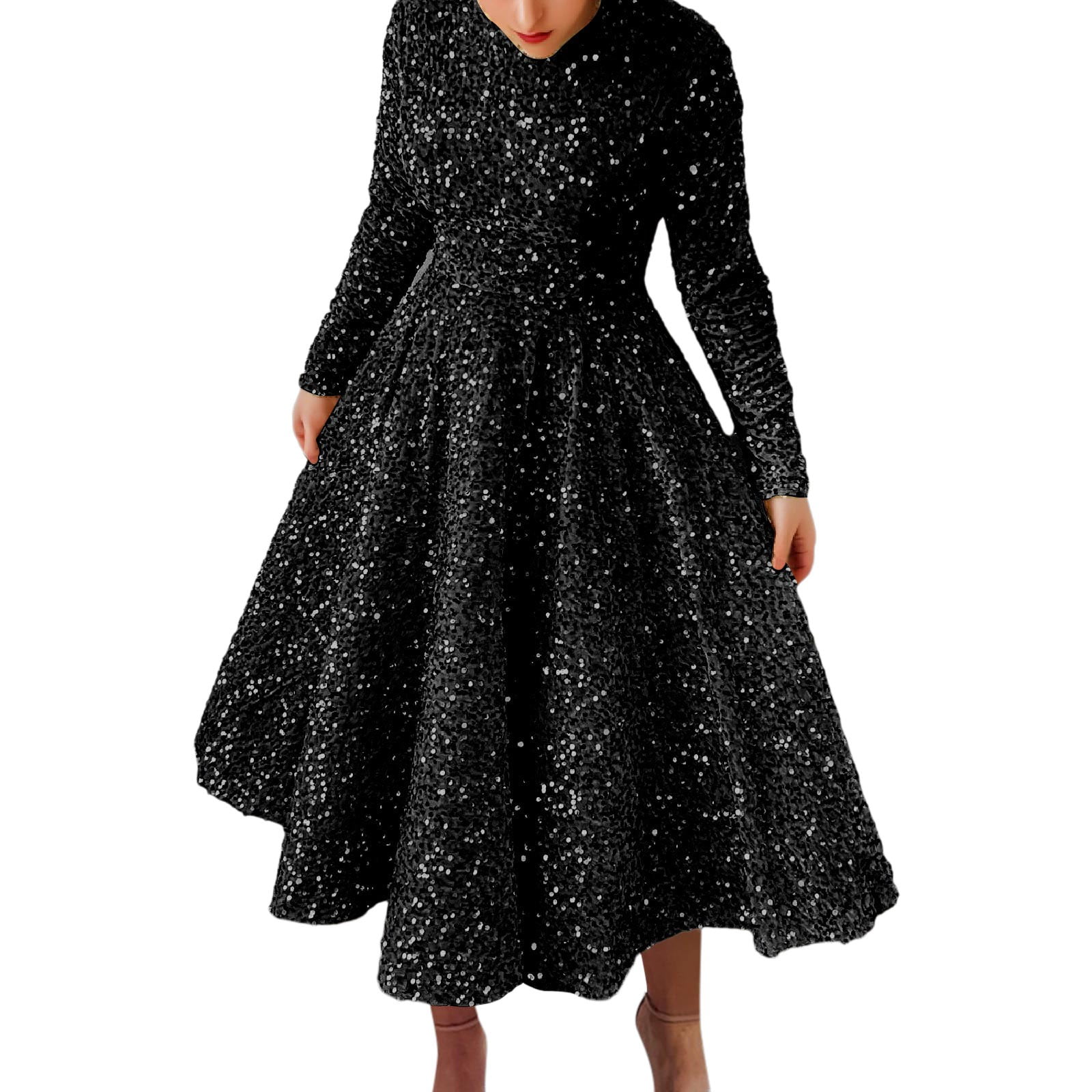 Graduation Dresses For Women 2024 Sequin Dress Long Dresses Dress Round Neck Long Sleeve Velvet Sparkly Pleated Dress Prom Dresses